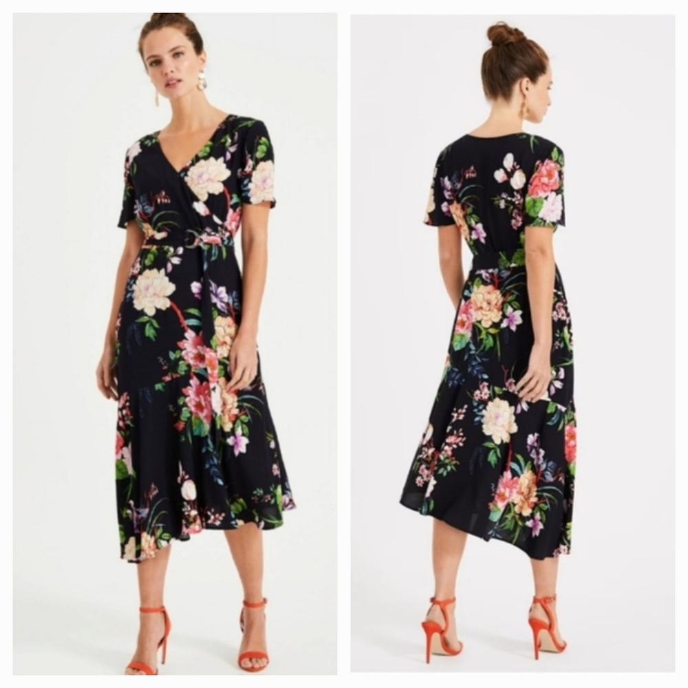 PHASE EIGHT EVADINE-Rose Dark Floral Print Wrap Midi Belt Dress 8